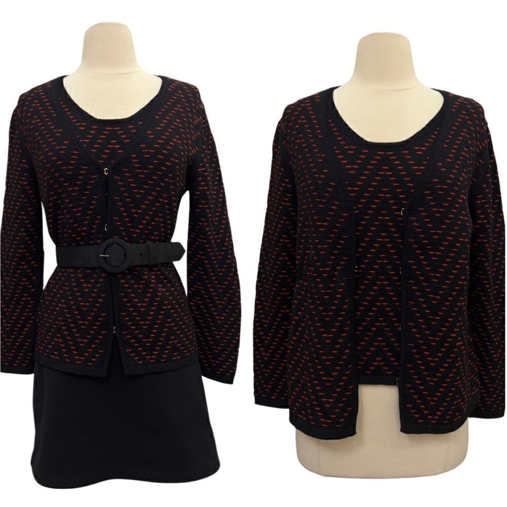 Lux Les Copains 2 Piece Textured Red Black Wool Cardigan and Sleeveless Blouse